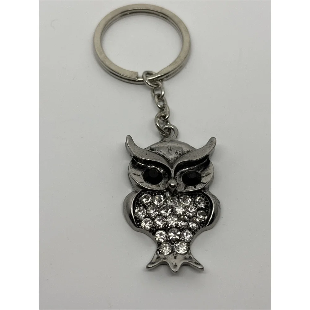 Metal Silver Color Own Keychain‎ Rhinestones Black Onyx Eyes Purse Key Fob